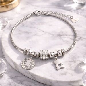 18K White Gold Plated Bear Charm Bracelet with Rhinestones Beads Trendy Gift